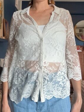 Wallis White Lace Button-Down Blouse